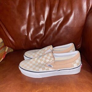 Vans Beige and White Checkered Slip-Ons